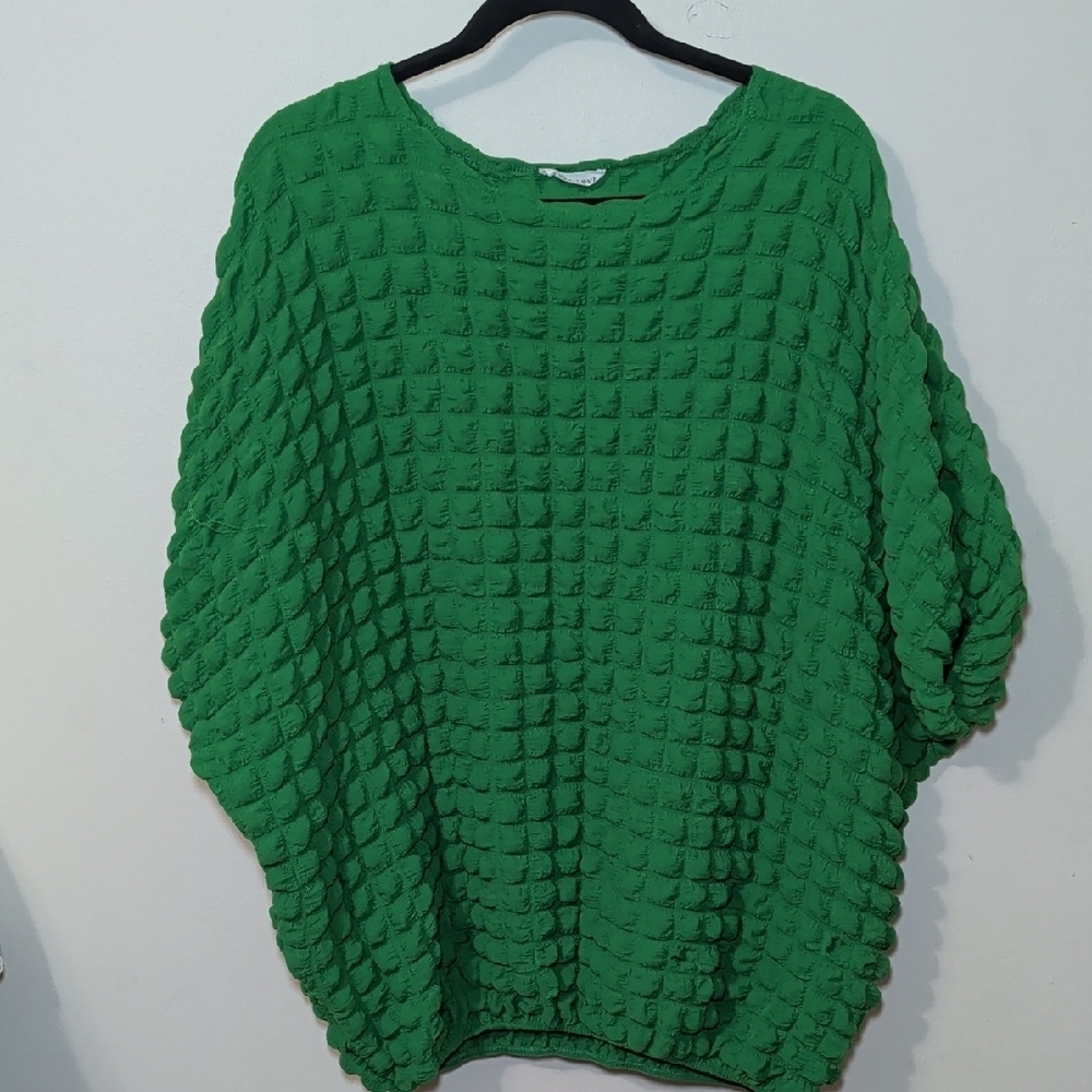 First Love by Lovelyn Bubble Texture Blouse Green Puff Sleeve Women's Size L*